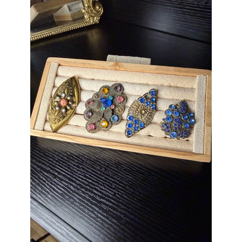 Vintage Art Deco Dress Clip Brooch Set Blue Rhinestone Filigree LN Signed 4pc